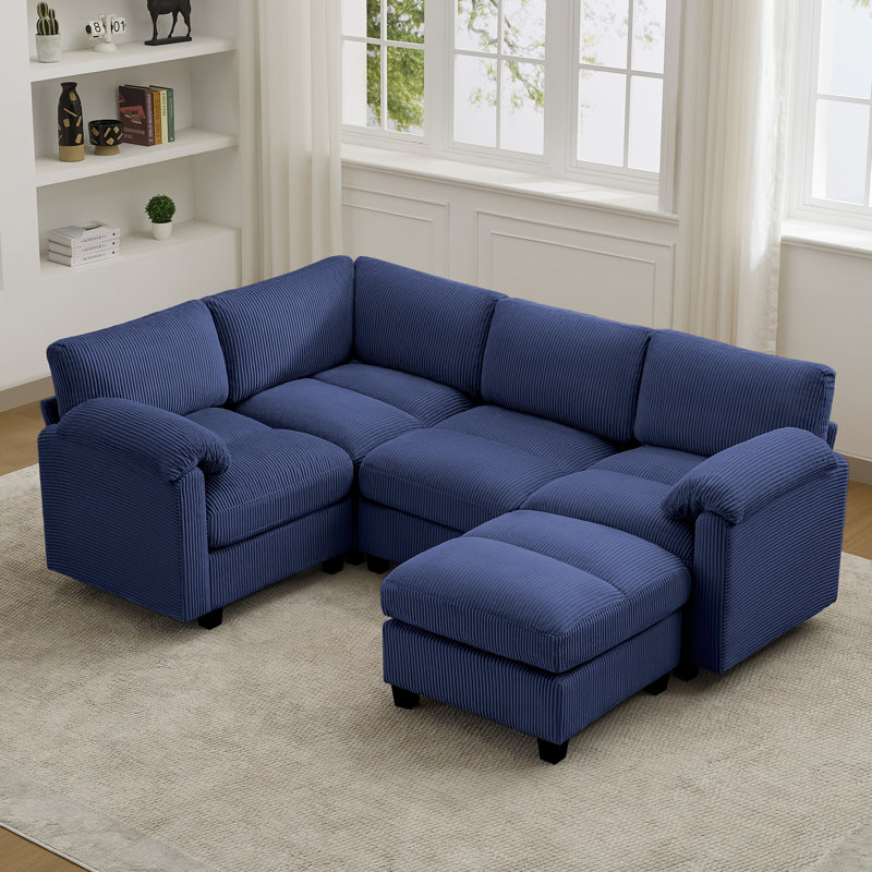 Canapé modulaire 5 places avec accoudoirs coussinés, 4 sièges + 1 repose-pieds, Bleu