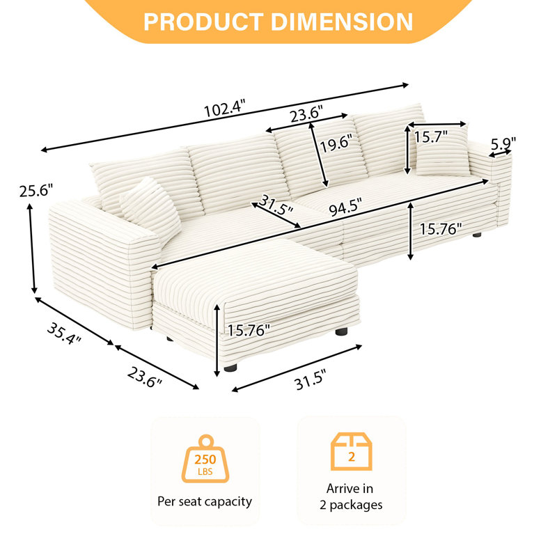 3-Piece Modular Sectional Sofa 102.4" Wide Deep Seat Plush Corduroy Couch With Upholstered Ottoman For Living Room, Apartment
