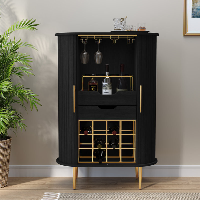 Bar à vin moderne avec porte-verres et tiroir de rangement, Noir