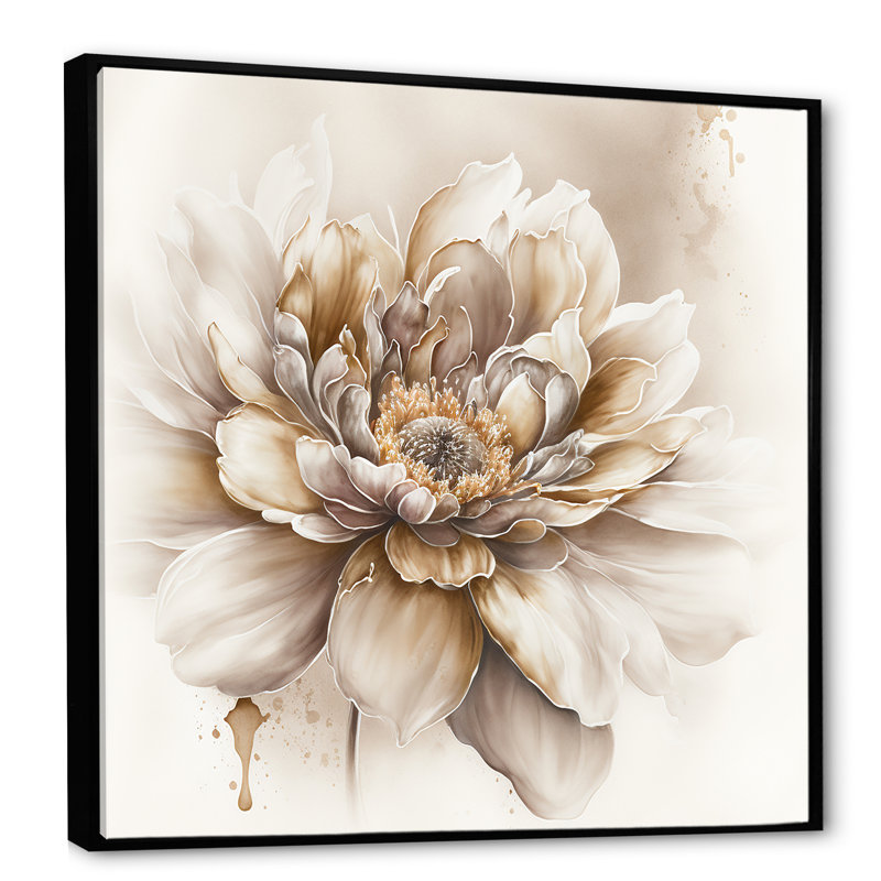 Motif floral beige fleuri V - Toile murale florale, 44" H x 44" W, Cadre flottant noir