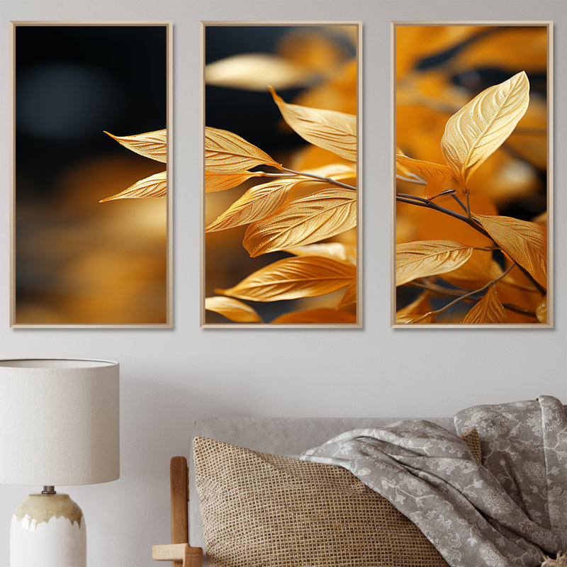 Feuilles d'or - ensemble d'art mural feuilles, H 40 po x l 60 po x P 1 po, Cadre naturel flottant
