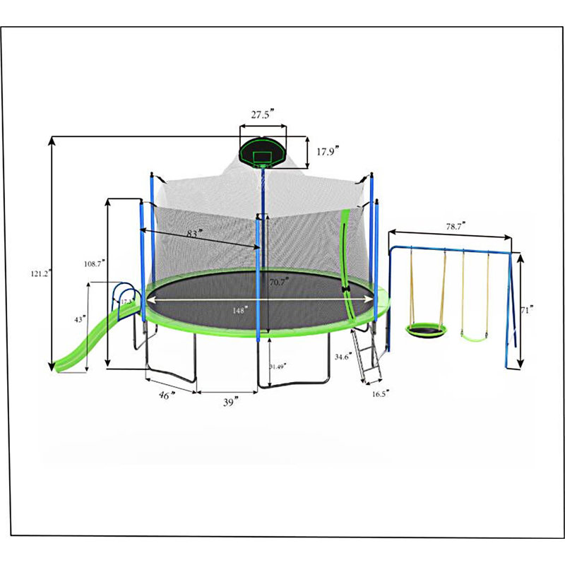 14FT Green Trampoline with Slide, Swings, and Basketball Hoop
