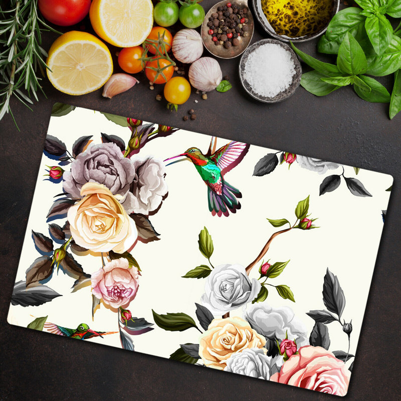 Risinger Tempered Glass Birds Roses Chopping Board, 52cm x 60cm