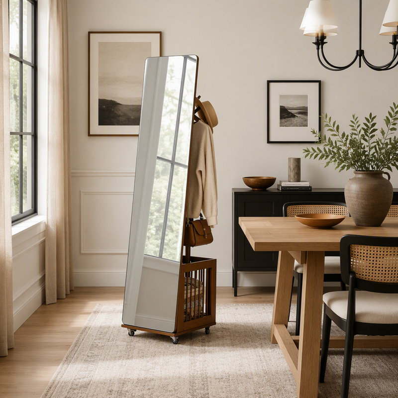 Portemanteau roulant en bois massif avec panier de rangement, support à vêtements autoportant à plusieurs crochets avec roulettes, organisateur de vêtements mobile en bois pour vestibule de vestibule