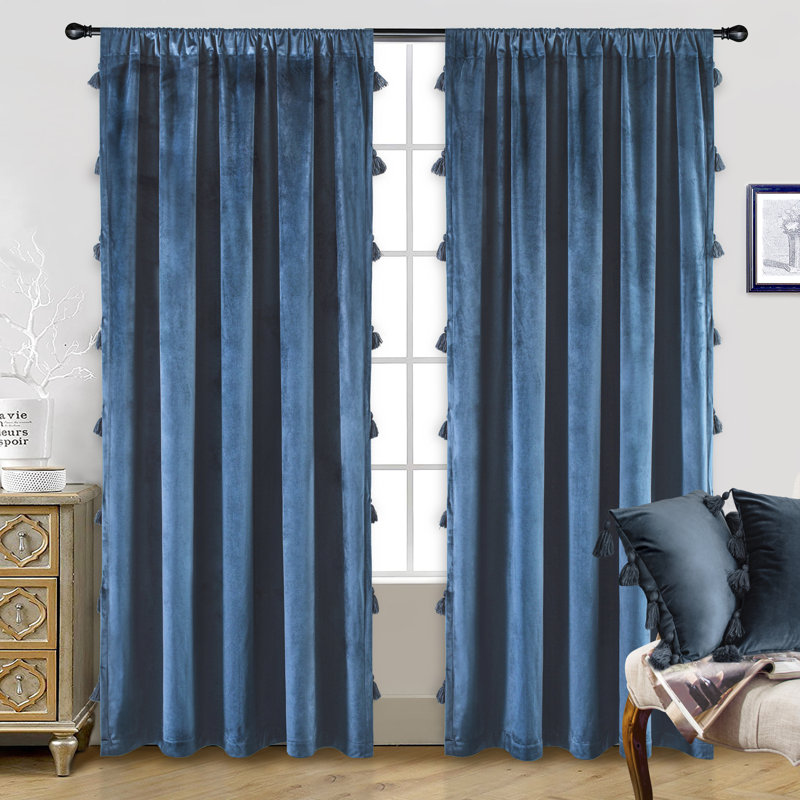 Swinson Velvet Solid Room Darkening Thermal Rod Pocket Curtain Panels, Navy Blue