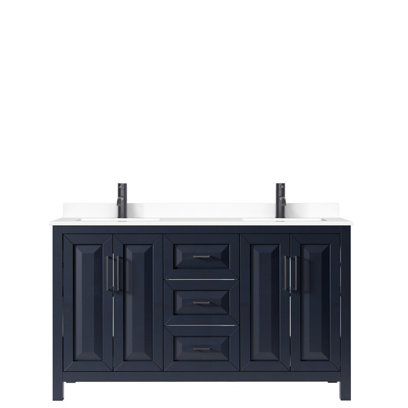 Ensemble de meuble-lavabo double 60 po Daria, Blanc, Marbre de culture blanc, Noir mat