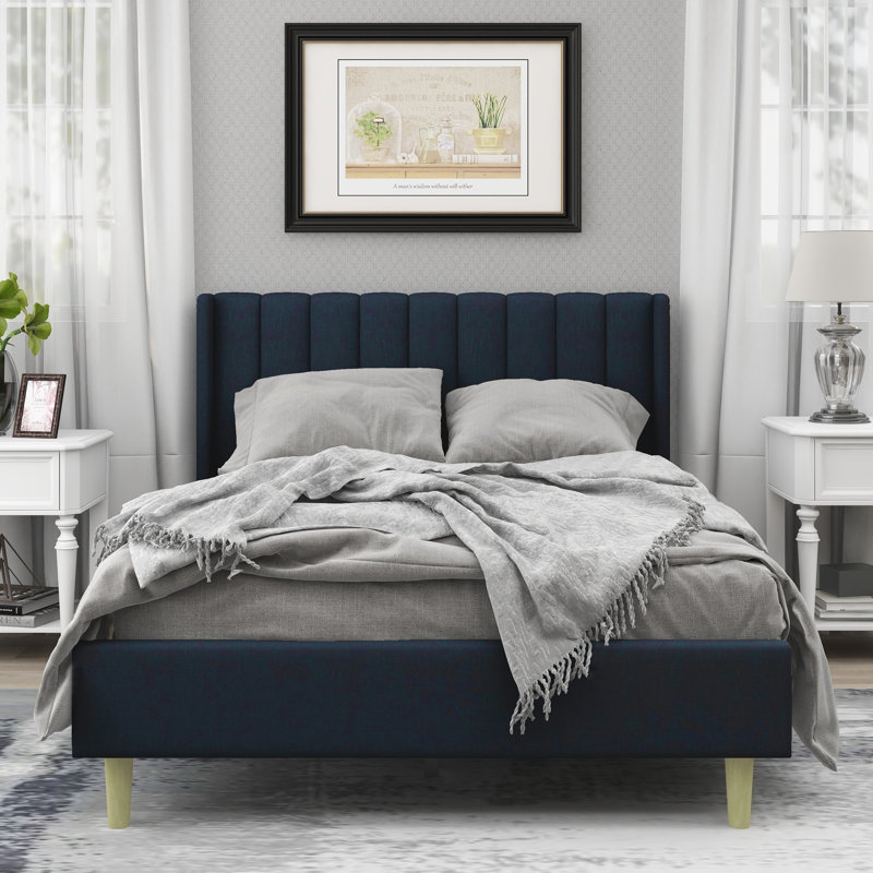 Eriksay Low Profile Upholstered Platform Bed with Wingback Headboard, Queen, Dark Gray Linen