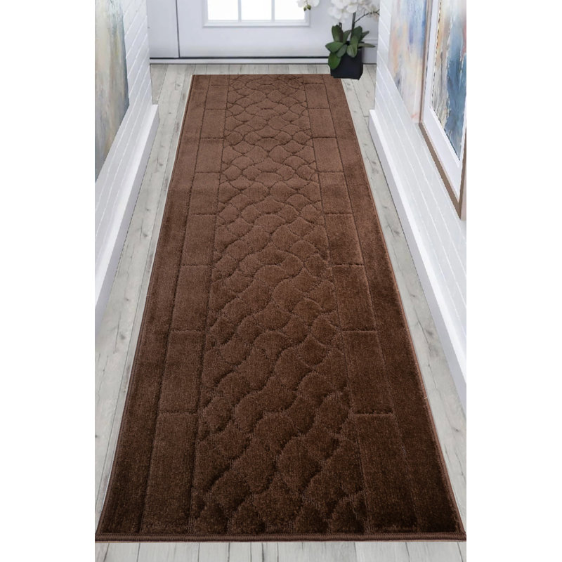 Antibacterial Soft Pile Anti Slip Indoor Runner Rug Volley Solid Brown Design for Hallway Stairway, Runner 2'2" x 6'