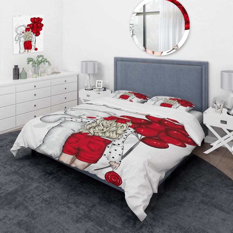 Fille avec des cheveux longs et des ballons en forme de cœur rouge - ensemble de housse de couette moderne - microfibre de polyester