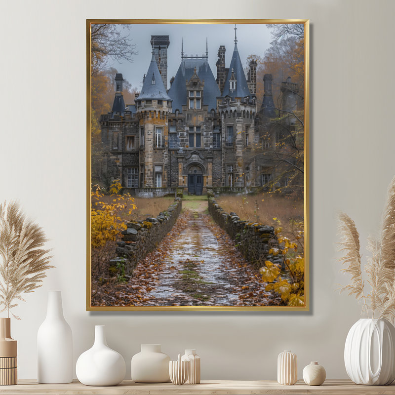 Décoration murale château jaune clair et beige au clair de lune - Châteaux, Toile avec cadre flottant or