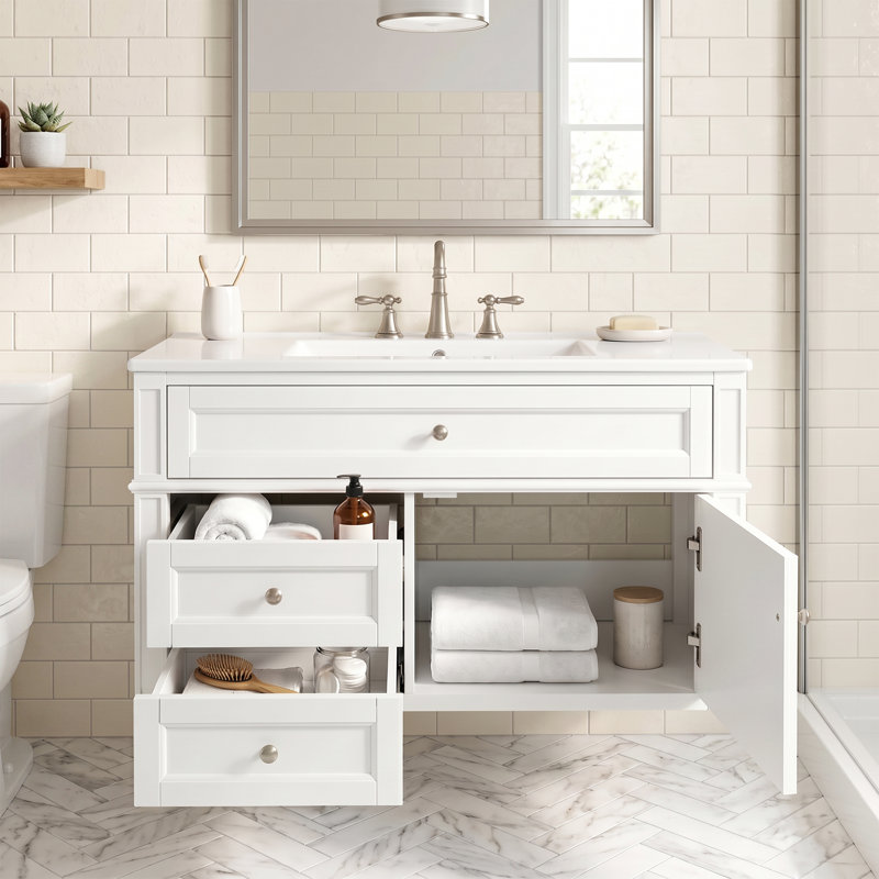 Meuble-lavabo mural de 36 po en panneau de fibres à densité moyenne fixé au mur blanc en céramique brillant intégré avec tiroirs et lavabo simple en céramique à 3 trous