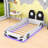 Twin Wooden Race Car-Themed Bed with Upholstered Backrests and LED Lighting-2133240873