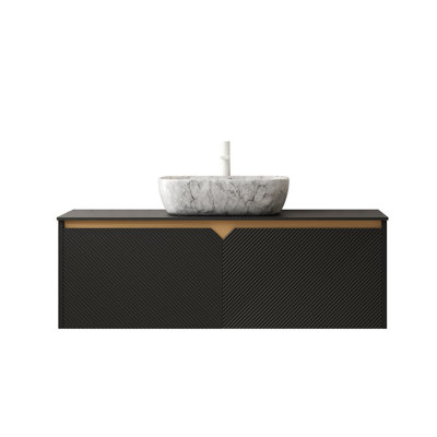 48.17-Inch Bathroom Vanity & Sink Choice, Plywood Storage Unit, Marble Pattern Ceramic Vessel, Black Sintered Stone Surface Treatment, Twill Double Doors With Metal Accoutrements 48" Constitution,