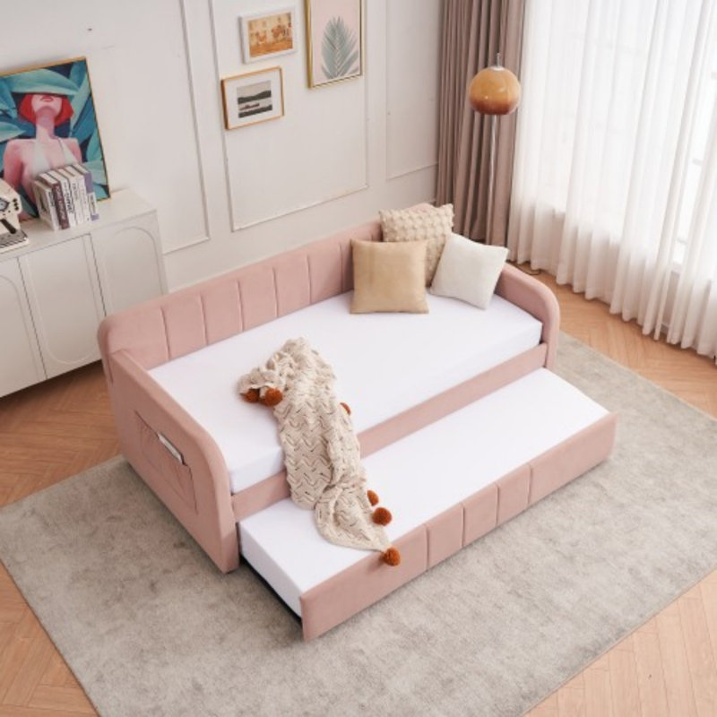 Twin Upholstered Daybed Frame with Trundle, Pink