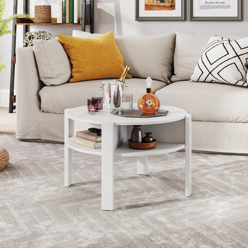 29.5'' 2-Tier Round Coffee Table w/ Storage 4 Shelves Faux Wooden Top, White