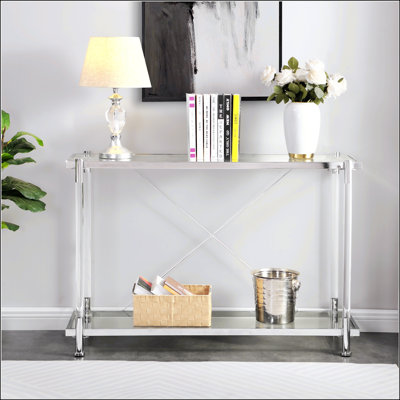 Table de canapé moderne en verre chromé avec pieds en acrylique, tablettes à 2 niveaux pour le rangement du salon et de la chambre à coucher