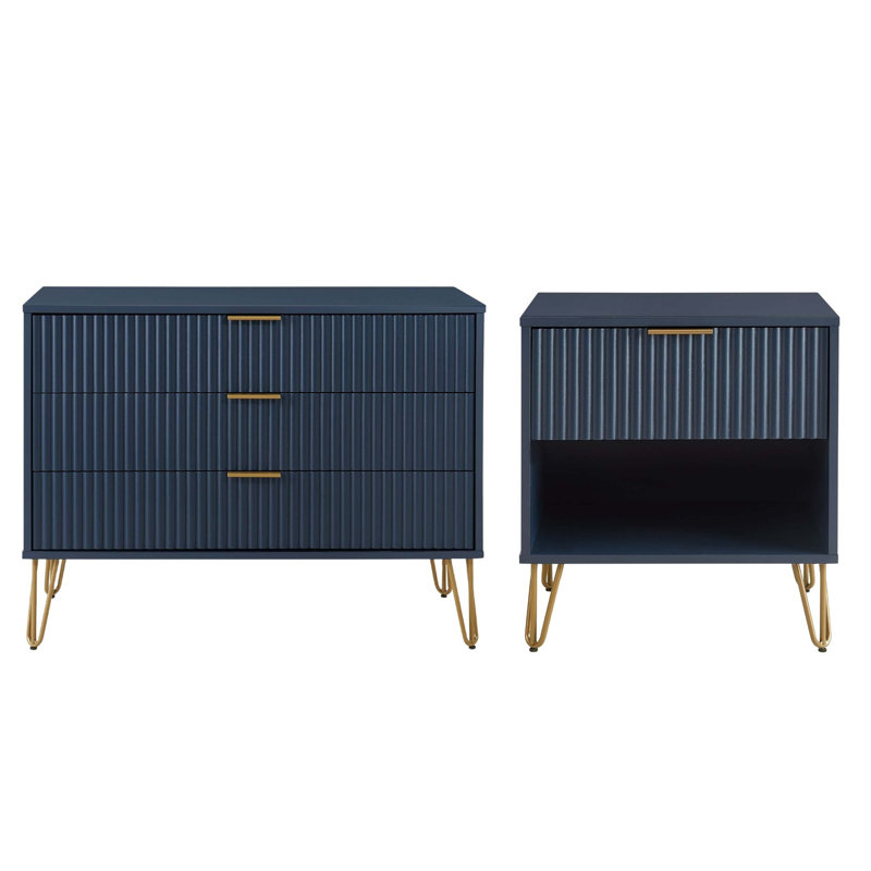 Ensemble de chambre à coucher moderne avec commode et table de chevet 2 pièces Dumbo, Bleu