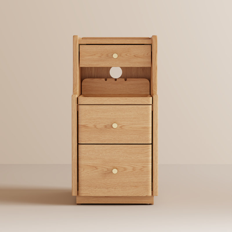 Solid Wood Nightstand with Raised Edge Top, Sliding Shelf, Cable Cutout & Skirting Board Clearance, Tan, 11.81" W