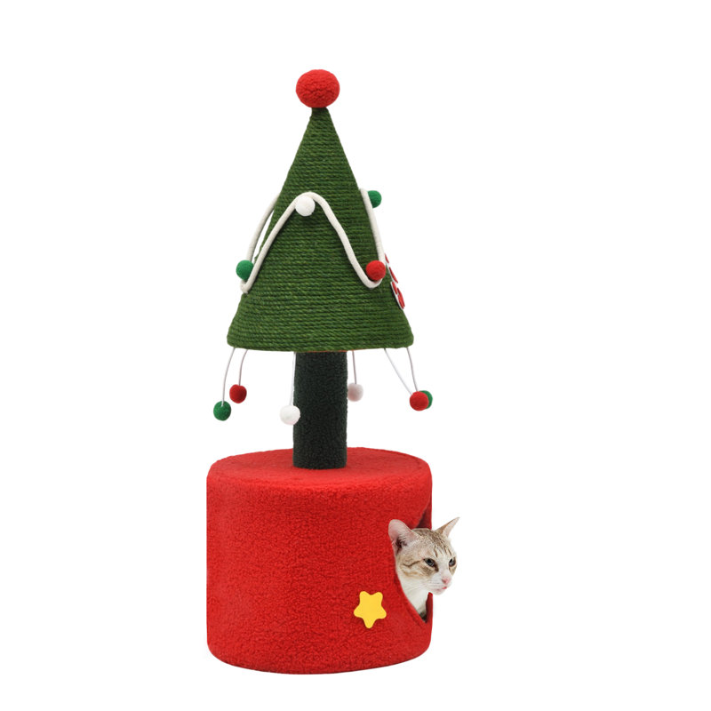 Festive Green and Red Sisal Christmas Cat Tree with Hideaway Cave