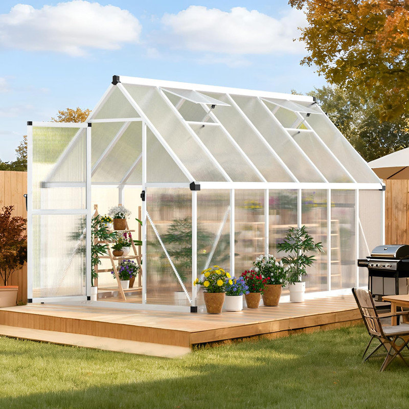Aluminum Frame Polycarbonate Greenhouse with Roof Vent, Heavy Duty Outdoor Garden Kit, Silver, 6.4' H x 5.54' W x 10.96' D