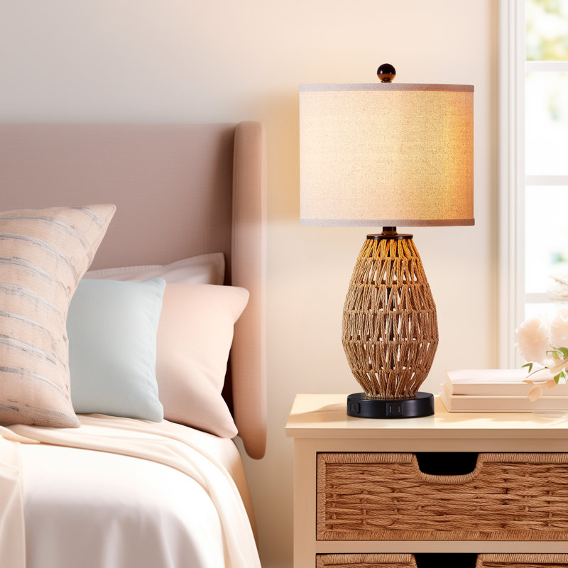 22.5" Natural Rattan Bedside Table Lamp with Dual USB Ports and Bulb, 22.5" H x 11" W x 11" D, Geometric