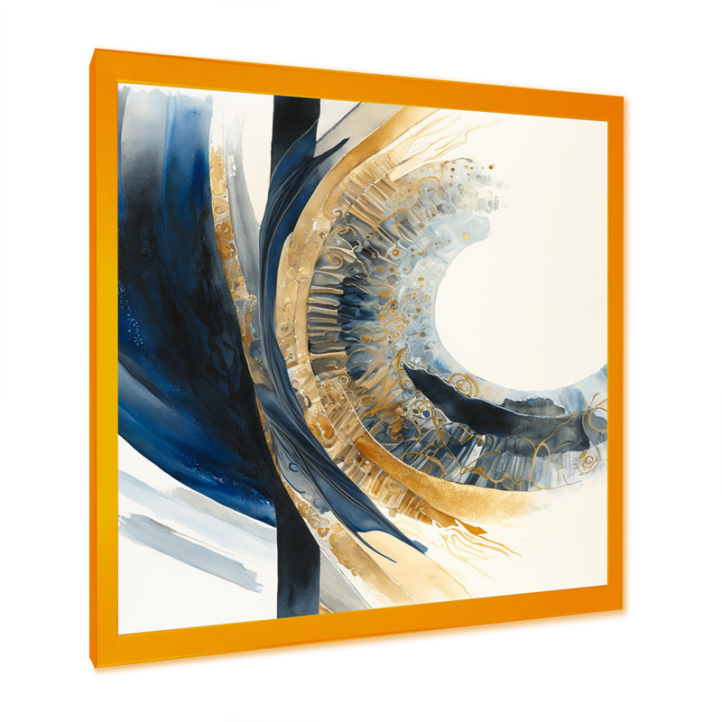«Blue and Gold Swirl Abstract IV», impression sur toile, Encadrement doré, H 16 po x l 16 po x P 1 po
