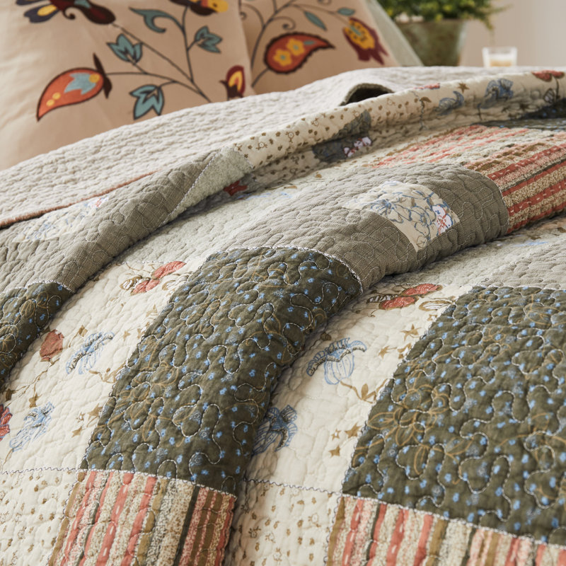 Gray and Beige Cotton Twin Quilt Set with Floral Embroidery