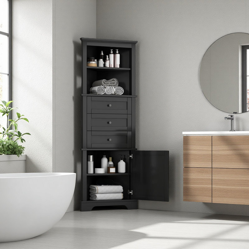 Armoire haute triangulaire avec 3 tiroirs et tablettes réglables pour la salle de bain, la cuisine ou le salon, panneau de fibres à densité moyenne avec finition peinte