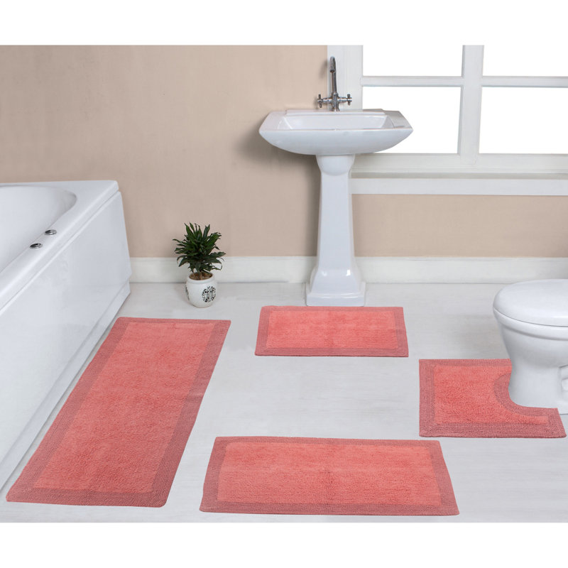 Bruss Luxury 100% Cotton Bath Rug (Set of 4) Reversible, Coral