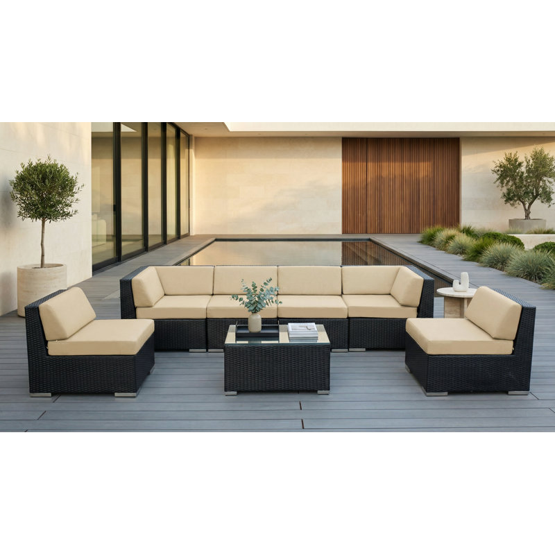 Barneveld Wicker 6 - Person Seating Group with Cushions - No Assembly, Antique Beige Sunbrella® Canvas, Black