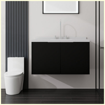36 meuble-lavabo flottant avec lavabo 36 po, comptoir et dosseret en marbre de culture blanc Carrara 2 po, porte en contreplaqué à fermeture en douceur, noir