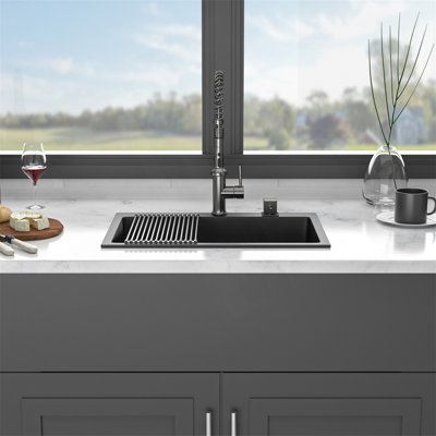 Quartz Kitchen Sink - 33" X 22" X 9.65" Black Granite Composite Drop In Kitchen Sink
