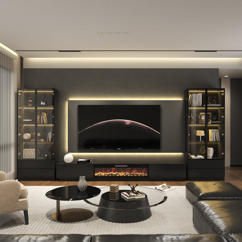 172”w Tv Stand Entertainment Center With Fireplace, Black
