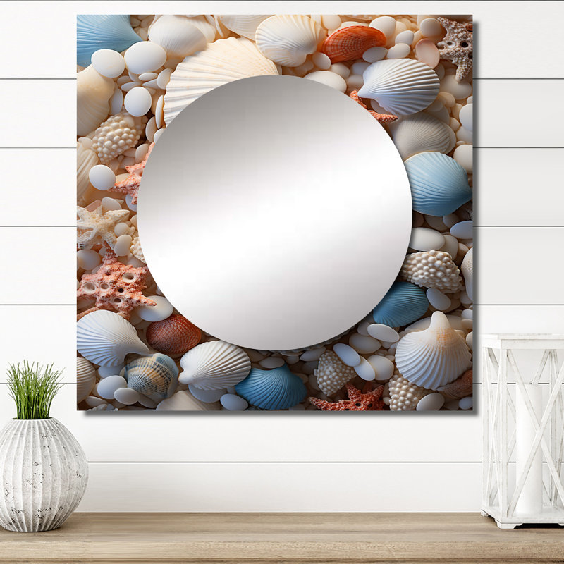 Plage, photo de coquillage, collage II - animaux, miroir carré, art mural pour salle de bain, 29 po x 29 po