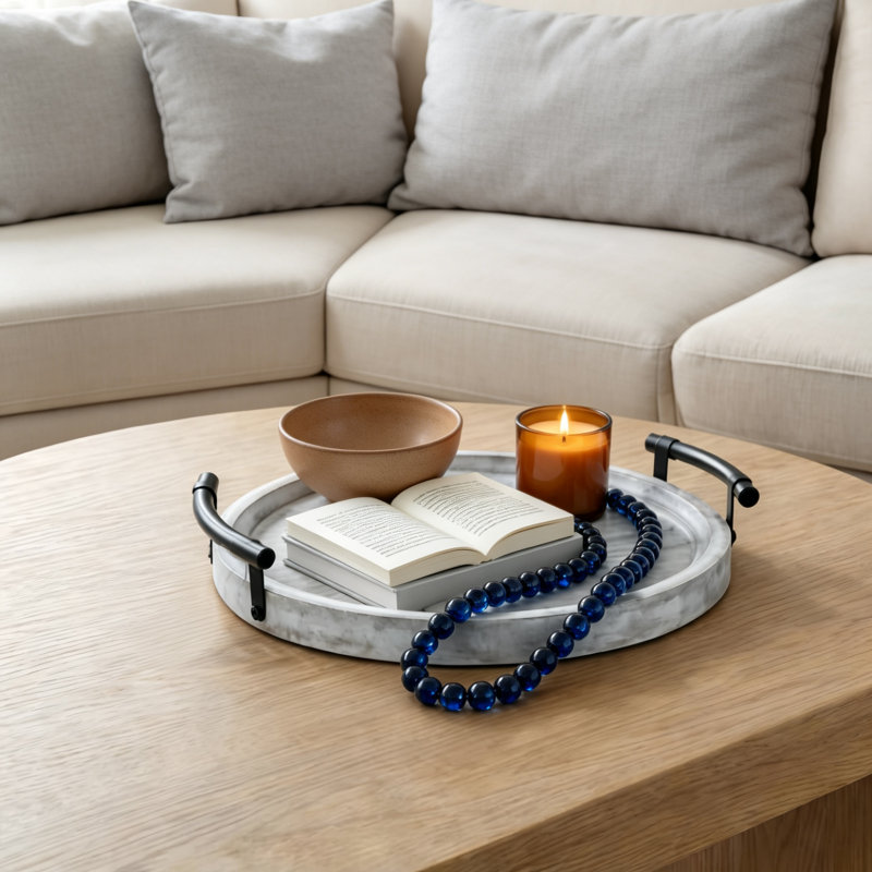 Plateau rond blanc en bois avec poignées en perles
