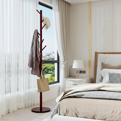 Portemanteau autoportant en bois brun, 4 options de hauteur, 9 crochets, robuste et durable, facile à assembler, peu encombrant, idéal pour suspendre des vêtements, des sacs et des chapeaux, idéal pour les entrées, les chambres à coucher, les bureaux et les espaces étroits.