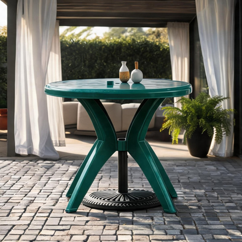 Table de salle à manger de 92 cm (36,25 pouces), combinant un espace extérieur, un trou pour parasol et une couleur vert foncé.
