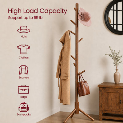 Adosinda Freestanding Coat Rack,Sturdy Wooden Coat Stand, 8- Hook Coat Rack,3 Height Options,Used in Bedroom,Hallway and Entryway,for Storing Coats, Hats,Bags,Umbrella Stand and Coat Hooks