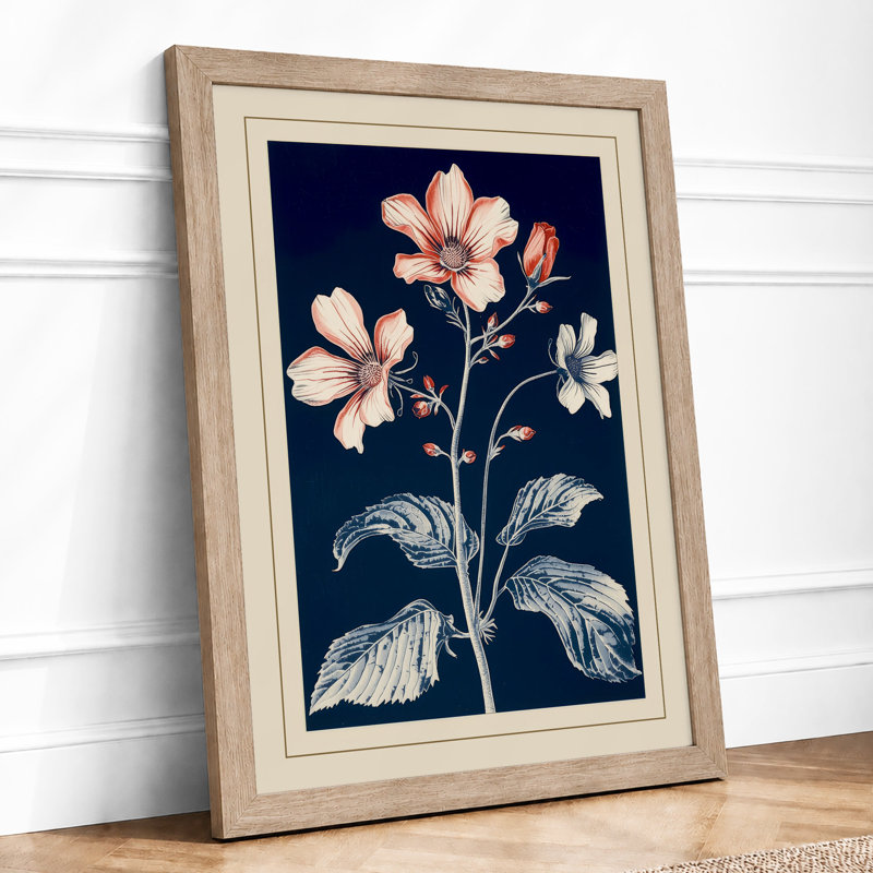 Pale Blossoms On Navy Botanical - Print, Oak, A4 - 29.7 x 21.0 cm
