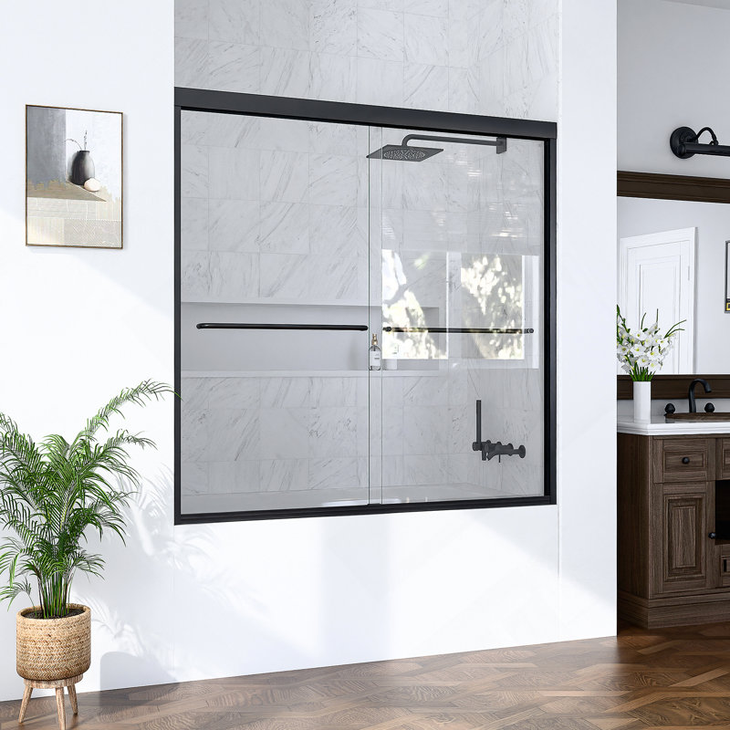 56"-60"W*60" H Semi-Frameless Double Sliding Shower Door, Bypass Shower Door, 1/4" (6Mm) Thick SGCC Tempered Glass Door, Matte Black