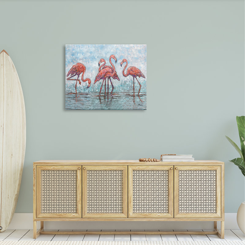 Flamants dans le style impressionniste de la lagune par Paul Brent - peinture sur toile tendue, H 30 po x l 40 po x P 1,5 po