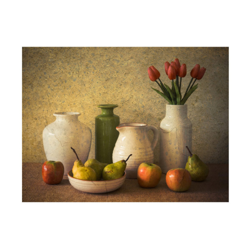 Reproduction d’art sur toile tendue « pommes poires and tulipes » par Jacqueline Hammer, H 14 po x l 19 po x p 2 po