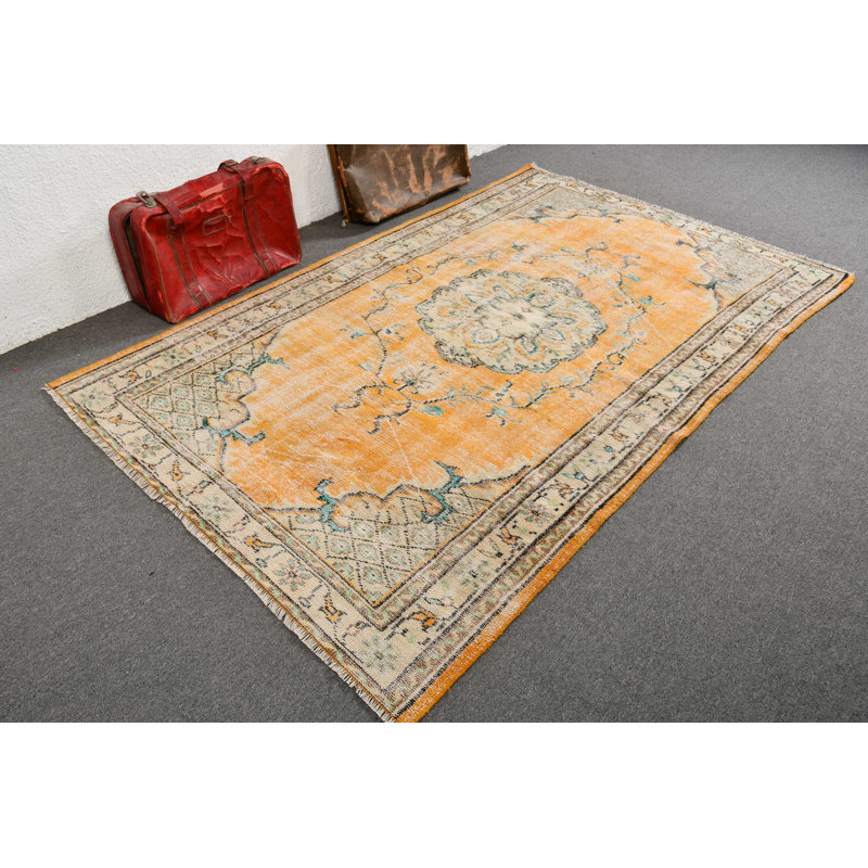 Grand tapis turc jaune tissé à la main Oushak idéal pour rehausser le décor de la chambre à coucher et créer un espace invitant dans votre maison
