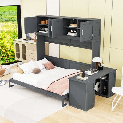 Grand lit escamotable mural avec bureau, armoires de rangement et tablettes