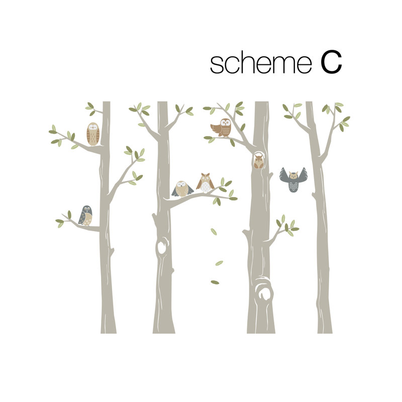 Adhésif décoratif amical avec des hiboux et des arbres, Gris clair / brun / bleu vert