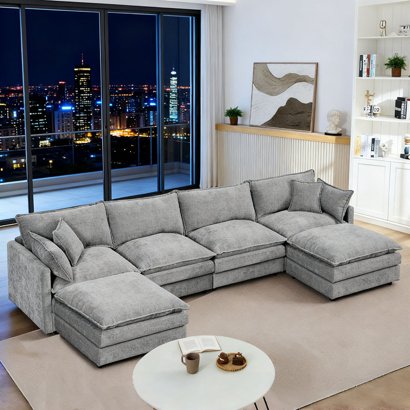 130.7" U-Shaped Modular Sectional Sofa, 4-Seater Comfy Chenille Cloud Couch With 2 Movable Ottomans, Gray