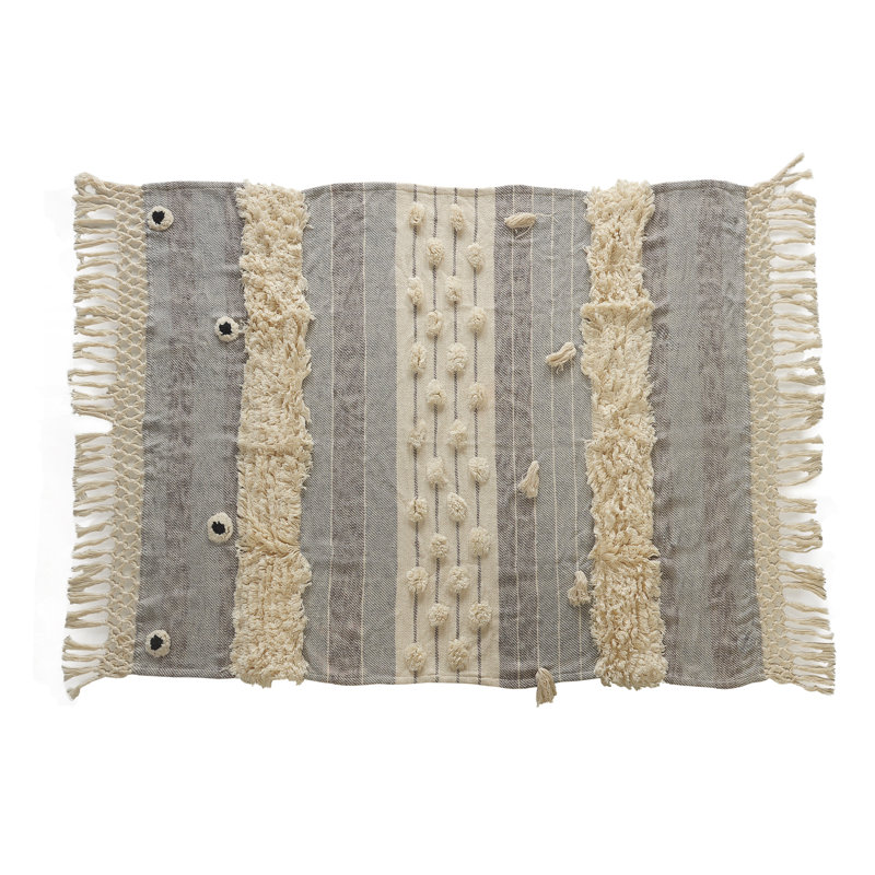 Handwoven Gray and Beige Cotton Reversible Throw Blanket
