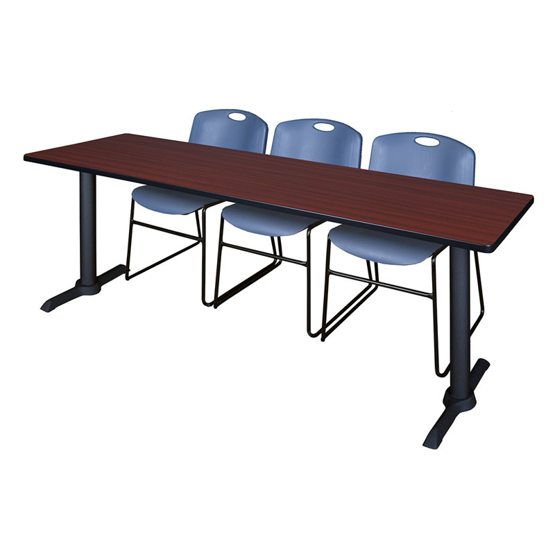Table de formation Neyland Cain T-Base et 3 chaises empilables Zeng, Bleu, Cerisier
