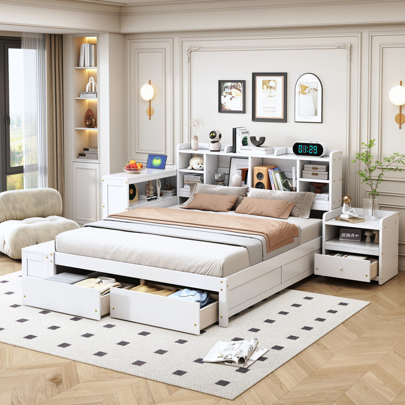 Lit plateforme avec rangement multifonctionnel, Blanc
