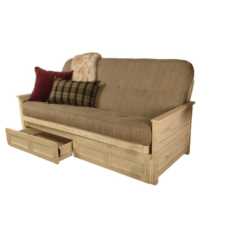 Futon double avec matelas avec rangement Emmiliano, Blanc patiné, 100% polyester